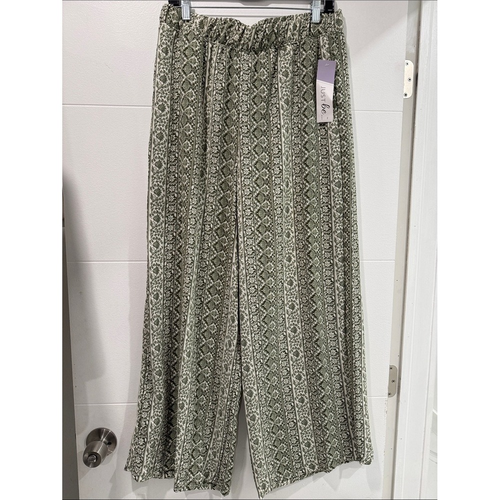 Just Be Wide Leg Pants Womens Large Green New Floral Damask Elastic Waist